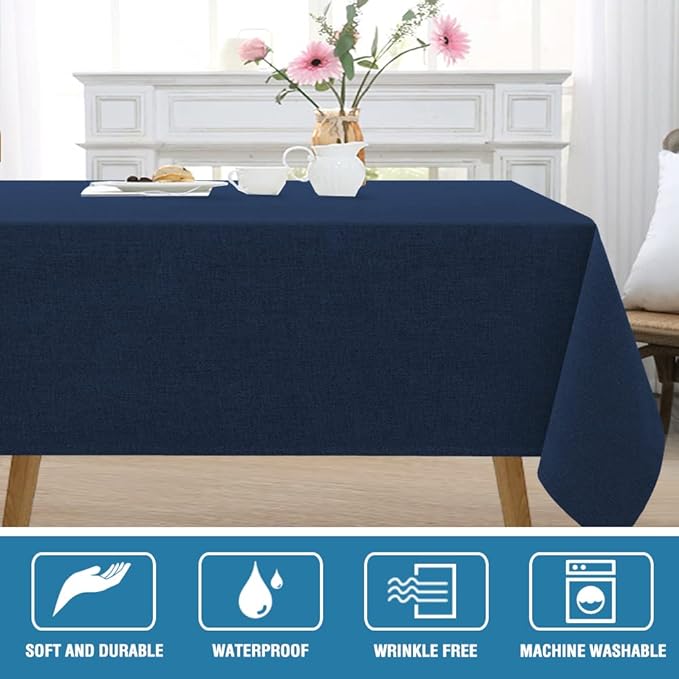 H.VERSAILTEX Linen Textured Tablecloth 60 x 120 Waterproof Decorative Table Cloth Spill-Proof Linen Look Cover for Party Table Extra Soft and Thick Fabric Wrinkle Free, Heather Navy