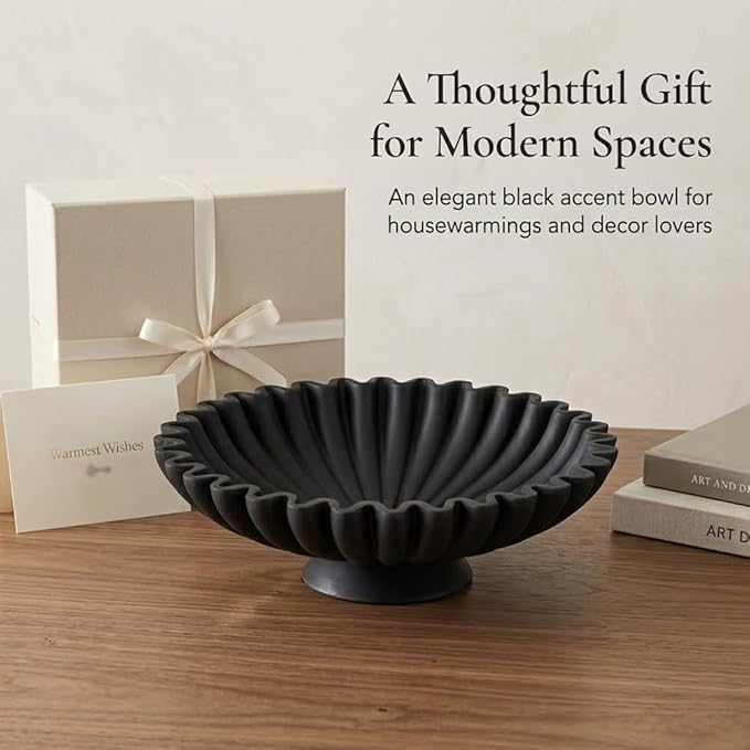 9.5" Large Decorative Bowl - Scalloped Pedestal Bowls for Home Decor, Key Bowls for Entryway Table, Decorative Fruit Bowl for Kitchen Counter, Resin Black Ruffle Coffee Table Decor