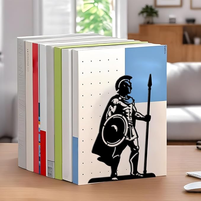 WADORN 1 Pair Spartan Guards Metal Decorative Bookend for Shelves, Heavy Duty Book Ends Modern Non-Skid Books Holder Stand Black Book Support Stoppers for Desk Bookshelf Office Home, 5.3x4.3x7.8 Inch