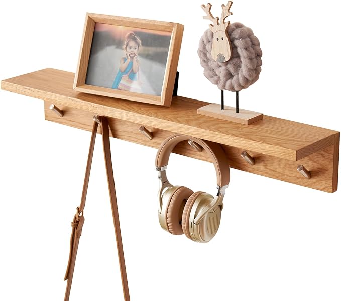 Oak Wood Coat Rack Wall Mount With Shelf 27.5 Inch Long, Entryway Floating Shelf With 6 Hooks for Bathroom, Hallway, Living Room