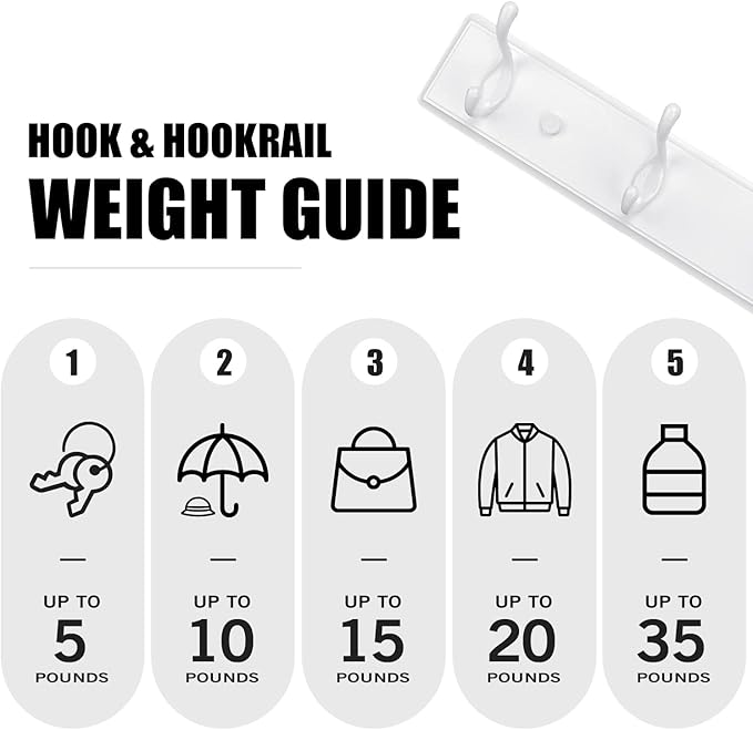 Badiano Wooden Coat Rack, Wall-Mounted Organizer for Closet, Entryway, Hallway, Foyer, Bedroom, Heavy Duty Double Hooks for Hanging Towels, Bags, Hats, Jackets, Key (White, 5 Hooks)