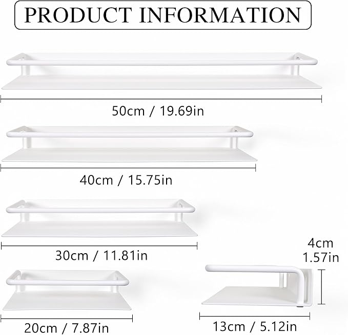 RFOUO 12 Inch White Metal Wall Shelf with Guard Rail, Wall Mounted Bathroom Shelf, Aluminum Floating Shelf for Skincare Perfume Spice, Small Display Shelf for Bedroom Kitchen, 1 Pack