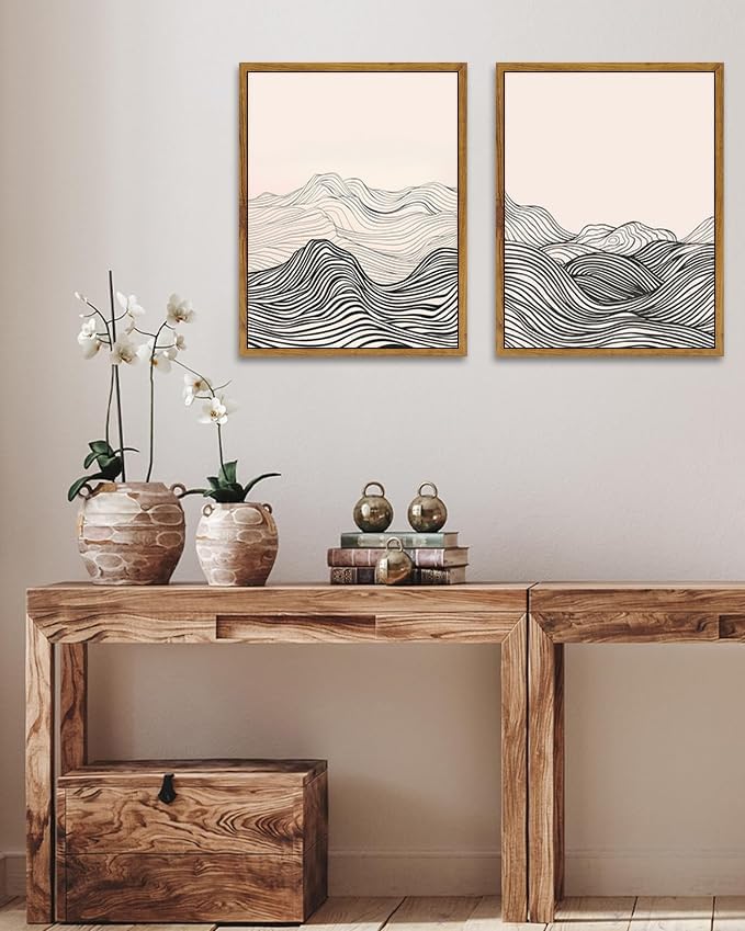 ARTZIO Framed Canvas Prints-Black and White Wall Art,Japanese Minimalist Abstract Ocean Wave Line Art,Vintage Retro Decor,Ready to Hang for Living Room,Bedroom,Bathroom & Office(16"x24")