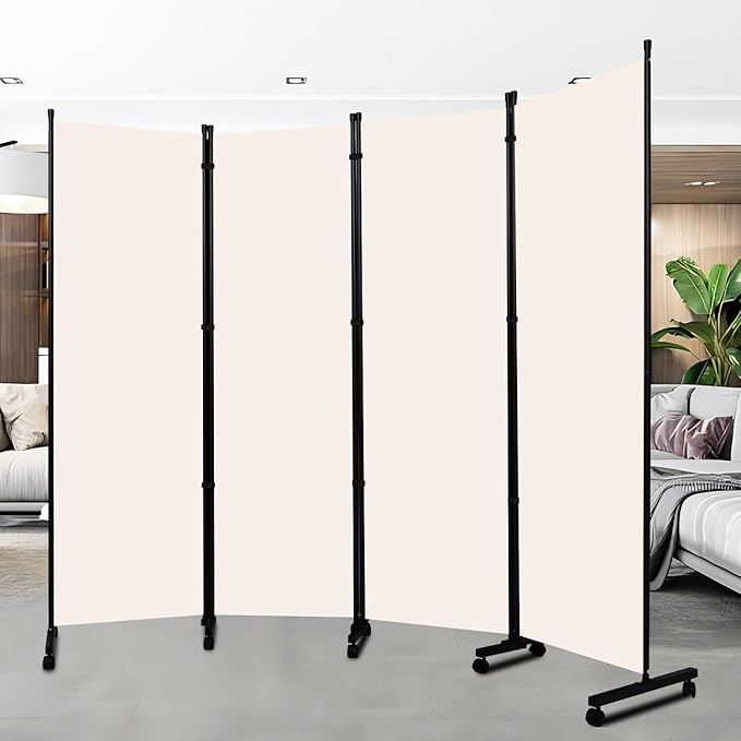 Room Divider Portable 88'' Partition Room Dividers/Wheel, 4 Panel Wall Divider for Room Partition, Freestanding Fabric Room Divider Panel Screen, Space Separation Separator for Home Office Privacy