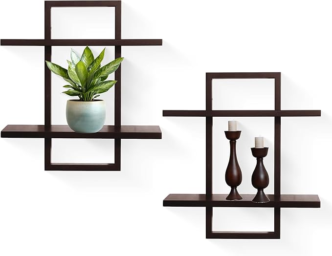 PHOENANCEE Floating Shelves for Wall,Display Hanging Shelf Set of 2,Modern Decorative Plants Shelves,Wood Home Decor Storage Chic for Living Room Bedroom Bathroom Office,Oak Frame,2-Tier (Walnut