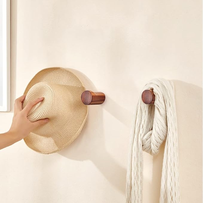 COCOYA Natural Wood Wall Hooks, 4Pack Minimalist Hat Hanger Easy Install Wall Mount Wooden Peg Knob Walnut Cute Simple Modern Small Room Decor, for Hanging Coat Towel Cap Bag Purses Jacket Backpack