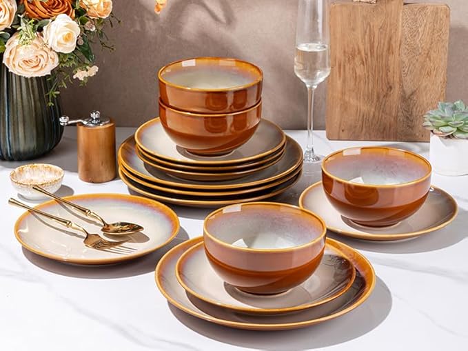 LERATIO Ceramic Dinnerware Sets for 4, Coupe Plates and Bowls Sets,Highly Chip and Crack Resistant | Dishwasher & Microwave & Oven Safe Dishes set,Reactive Glaze Dinnerware- Service for 4（12pcs）
