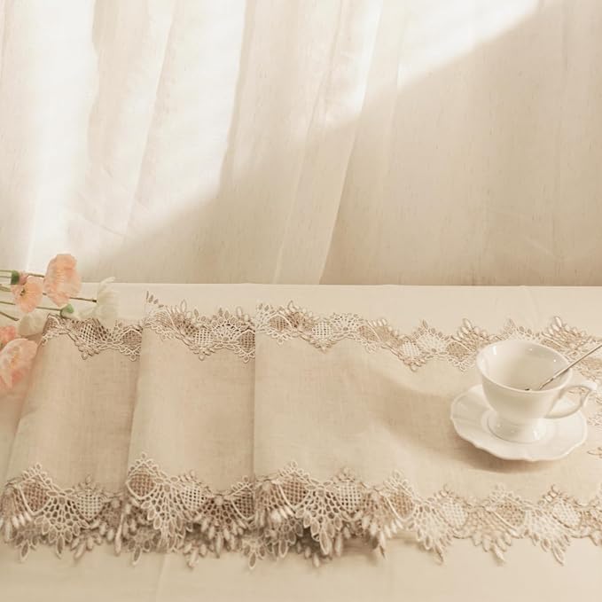 Phantomon Neutral Linen Table Runner 51 Inches Beige Embroidered Runner Lace Centerpiece for Dresser Tops, Dining Tables, Coffe Table and Home Decorations for Farmerhouse (Beige, 16 X 51 Inch)