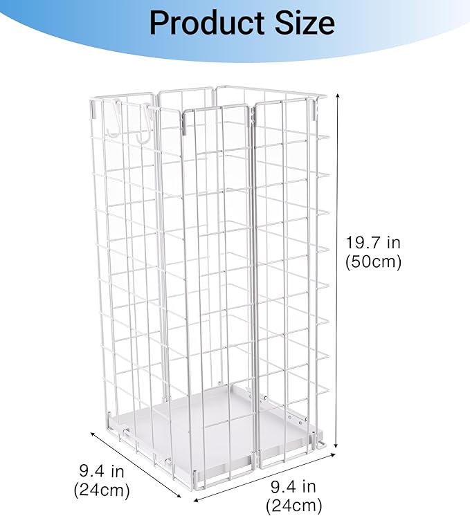 Umbrella Stand, Umbrella Holder for Entryway, Large Metal Foldable Umbrella Rack Organizer Freestanding, with Water Tray and Hooks, Rectangular Hollow Rack 9.5 x 9.5 x 19.7 Inches (White)