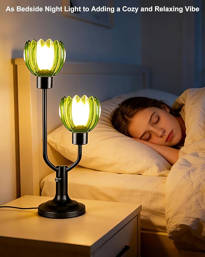 Lightdot Mid Century Modern Glass Green Table Lamp Black Dimmable Desk Lamps with Lotus Glass Shades 2 Bulbs Included 3000K Warmwhite Bedside Nightstand Ambiance Lamp for Living Room Bedroom