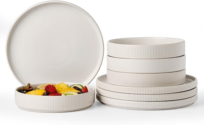 Famiware Star 8-Piece Stoneware Dinnerware Sets for 4 – 23 oz Shallow Pasta Bowls and 10.5" Flat Dinner Plates, High Edge Dishes, Chip & Scratch Resistant, Microwave & Dishwasher Safe, Matte White
