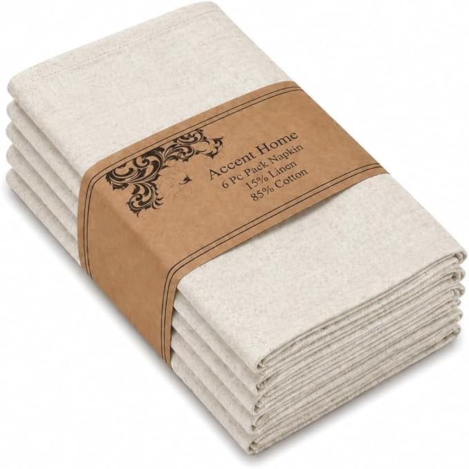 ACCENTHOME Natural Cotton Linen Napkin Set of 6 18x18 inch Dinner Napkins - Washable Soft Premium Hotel Quality Reusable Napkins Perfect Table Napkins for Family Dinners, Weddings & Everyday Use