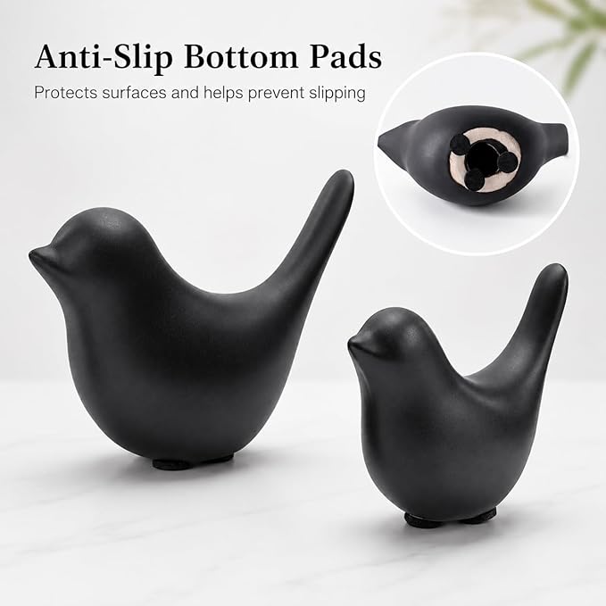 2 Pcs Ceramic Bird Figurines, Black Bird Statues for Home Decor Accents, Small Animal Sculptures for Shelf, Bookshelf, Coffee Table, Living Room, Bedroom, Office and Modern Table Decor
