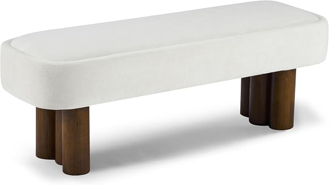 Christopher Knight Home Damas Fabric Upholstered Dining Bench, Wooden Entryway Bench, Long Sofa Footstool for Living Room, Bedroom End of Bed Bench, Milky White+Walnut