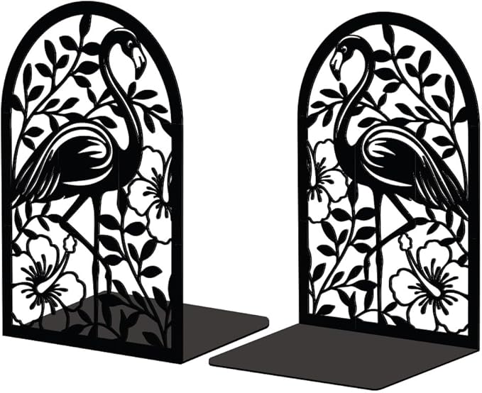 Peacoblue Metal Bookends for Shelves, Modern Decorative Heavy Duty Study Book Support Stoppers for Office, Desk, Shelf, Room 5.3"x4.3"x7.9" Cast Iron Bookends, 1 Pair (Flamingo and Tropical Plant)