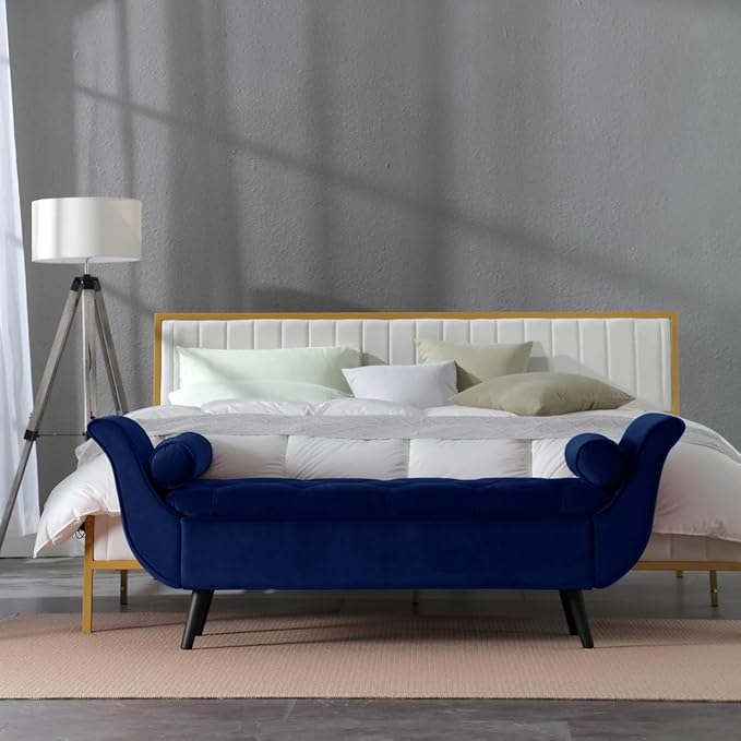 Velvet Storage Bench for Bedroom, Navy, Button Tufted, Solid Wood Legs, Ample Storage Space, Easy Assembly