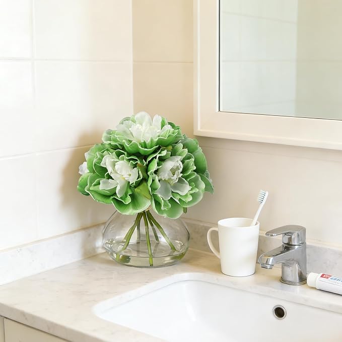 Green Peony Bouquet in Glass Vase - 6 Piece Artificial Flower Arrangement with Faux Water for Wedding & Home Centerpieces