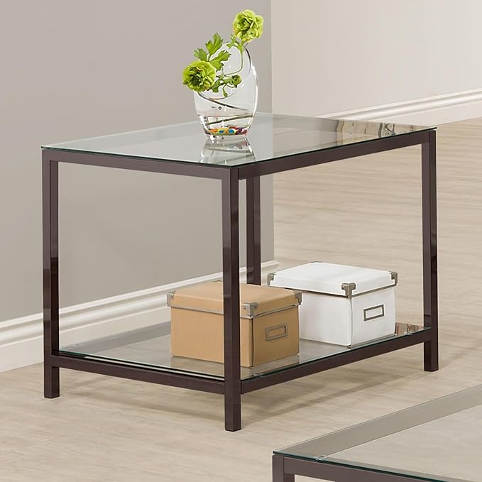BOWERY HILL Contemporary Rectangular Metal End Table, Black Nickel Finish, Glass Top and Shelf, 23" x 24" x 26", Modern Glam Design for Living Room Storage and Display