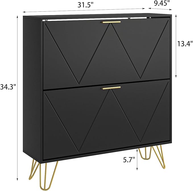 LYNSOM Shoe Cabinet with 2 Flip Drawers, Black Shoe Storage Cabinet, Slim Wooden Freestanding Shoe Rack, Shoe Organizer with Fluted Panel for Entryway Hallway
