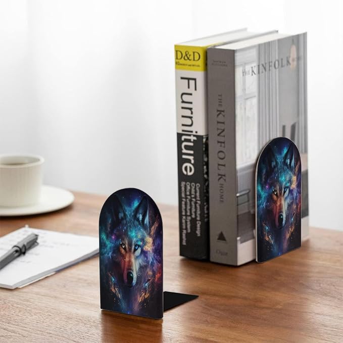 Galaxy Animal Wolf 2Pcs Book Ends for Shelves Non-Skid Wood Bookends Decorative Back to School Books Holders Book Stoppers Bookshelf Accessories for Desk Home Office School Decor (1 Pair)