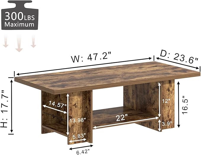 FOLUBAN Rustic Brown Coffee Table for Living Room, 2 Tier Low Center Table with Storage, Rectangle Cocktail Tea Table with Bottom Shelf & Side Shelves, 47 Inch