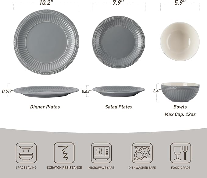 Famiware Garden Plates and Bowls Set for 6, 18-Piece Kitchen Dishes Dinnerware Set - Microwave and Dishwasher Safe, Scratch Resistant, Reactive Glaze and Embossed Stoneware Tableware, Bluish Grey