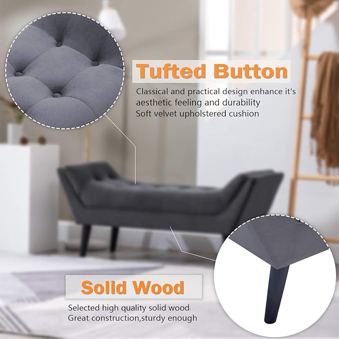 Alunaune Velvet Tufted Ottoman Bed Bench for Bedroom End of Bed Bench, Upholstered Entryway Bench Storage Ottoman Footstools with Wood Legs-2 Seater, Dark Gray
