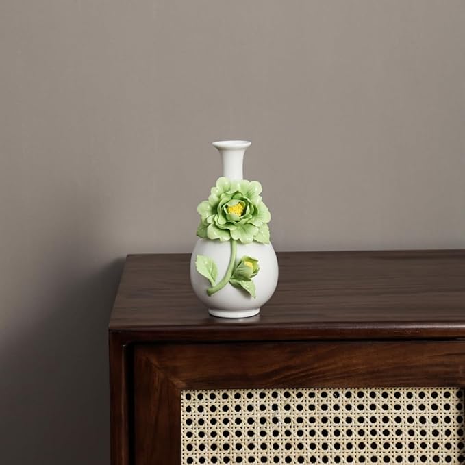 Ceramic Flower Vase Home Decor,Handmade Flowers Ceramic Aesthetic Flower for Home,Living Room,Dining Table,Farmhouse,Office Decor,Bedroom,Table and Kitchen Shelf (Green, Style A)