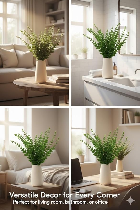 Ceramic Vase with Fake Eucalyptus Plants - Modern Farmhouse Home Decor Deals - Matte Ivory White Pottery Centerpiece for Living Room Coffee Table Bedroom Kitchen & Dining Gift (with Eucalyptus, M)