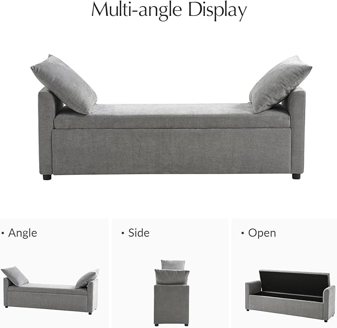 59.5" Modern Storage Ottoman Bedroom Bench, End of Bed Bench with Arms and Throw Pillows, Footrest Stool for Living, Dining Room, Entryway and Hallway, Grey