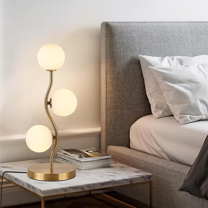Mid Century Gold Globe Table Lamp 3-Light Flower Curve Beside Desk Table Light with Milk White Glass Shade Metal Base Nightstand Lamp for Bedroom Bedside
