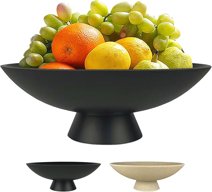 Large Decorative Fruit Bowl for Kitchen Counter, Modern Resin Pedestal Bowl for Home Decor, Stylish Key Bowl for Entryway Table, Decorative Bowl for Coffee Table Decor, Artificial Stone Black