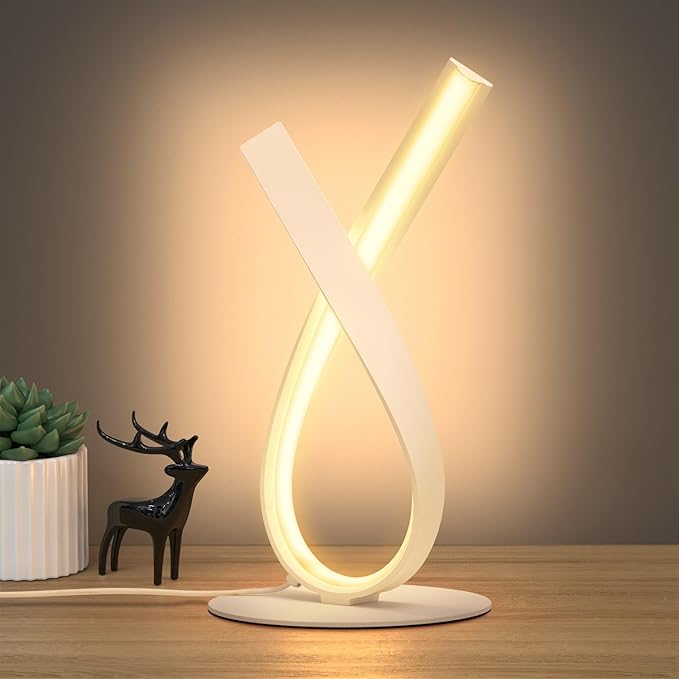 NUÜR Modern Table Lamp, Stepless Dimmable LED Spiral Lamp for Living Room, Contemporary Nightstand Lamp, White Bedside Table Lamp for Bedroom, Home, Office