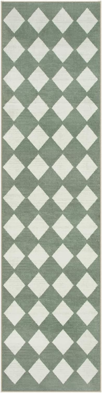 Lahome Zelie Checkered Washable 2x6 Green Runners for Hallways Non Slip, Ultra-Thin Kitchen Bathroom Runner Rugs, Moroccan Trellis Throw Carpet Runner for Bedroom Entryway Decor (2'x6',Green)