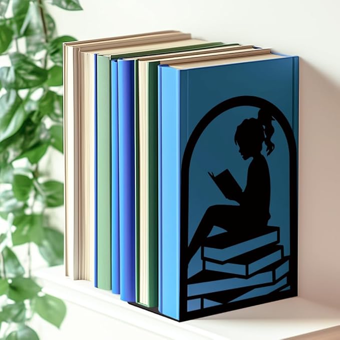INFUNLY Lady Reading Bookends Decorative Metal Book Ends for Shelves 4.7"×7.1" Non-Skid Heavy Duty Bookends Unique Office Desk Book Stand for Heavy Book Black Book Stopper to Hold Books for Women Gift