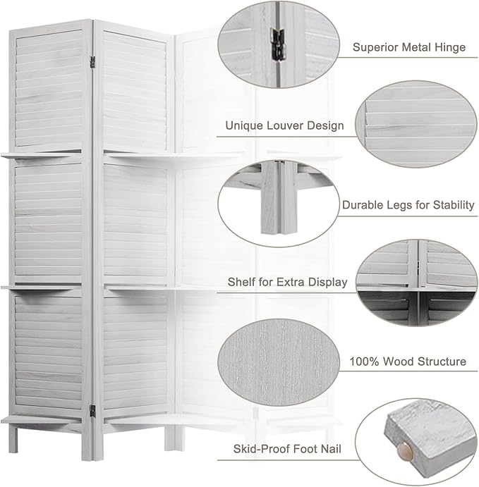 Room Divider with Shelves, Privacy Screen, Room Dividers and Folding Privacy Screens, 6 Panel Wood Temporary Wall Partition Separation Separator, Grey