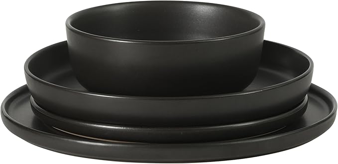 Gibson Elite Bayou Moon Plates and Bowls Sets, 16-Piece Black Matte Stoneware Dinnerware Sets, Solid Color Reactive Glaze Dish Set