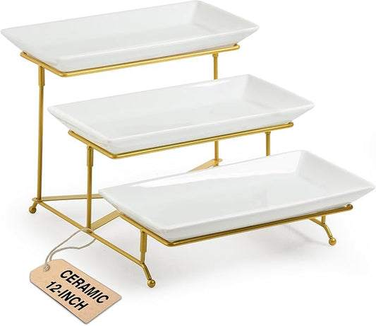 LAUCHUH 3 Tier Serving Tray, Porcelain Serving Platter Tier Serving Stand with Collapsible Sturdier Rack, Serving Trays and Platters Dessert Party Display Set for Mother's Day, Gold, 12 Inch