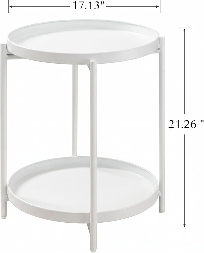 TeoKJ 2 Tier Round Side Table, Folding Round Metal End Table Small Nightstand with Two Removable Tray for Bedroom Living Room Bedside Small Spaces White