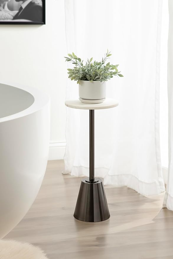 Kate and Laurel Tira Elegant Round Drink Table, 10 x 22, White Marble and Gray Gunmetal, Modern Glam Circle Martini Table for Use as a Small Bedroom Nightstand or Living Room Plant Stand Option
