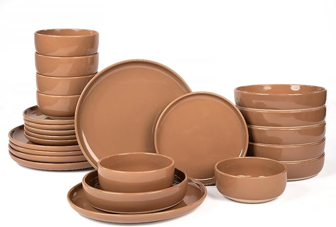 OTAGO 24-Piece Dinnerware Sets for 6, Ceramic Plates and Bowls Set with Partially Unglazed Base, Handcrafted Look, Stoneware Dishes Set for Kitchen, Brown, Dinner & Dining, Microwave & Dishwasher Safe