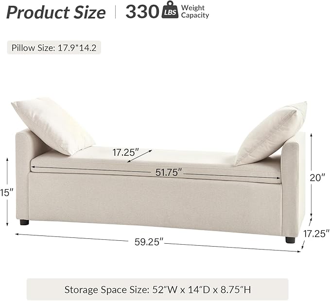 HULALA HOME 59" Storage Bench with 2 Throw Pillows, Modern Long Bedroom Bench for End of Bed, Comfy Upholstered Footstool for Entryway Living Room, Linen