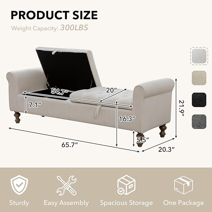 65" Oversize Storage Ottoman Bench, Fleece Upholstered End of Bed Benches with Rolled Armrest, Modern King Size Benches with Rolled Armrest, Window Bench (Beige+Dual-Cover)