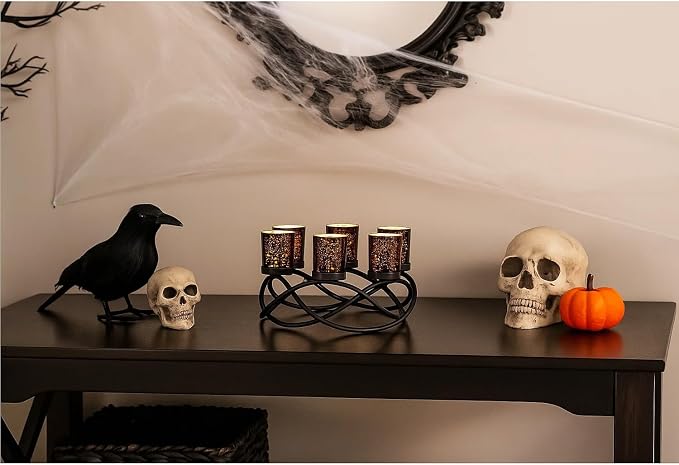 Seraphic Halloween Decorations for Indoor Gothic Table Centerpieces, Black | Spooky Witchy Dining Decor, Round Wrought Iron Candle Holder, 6 Votive Cups, Coffee & Kitchen Centerpiece, 10.5in Round