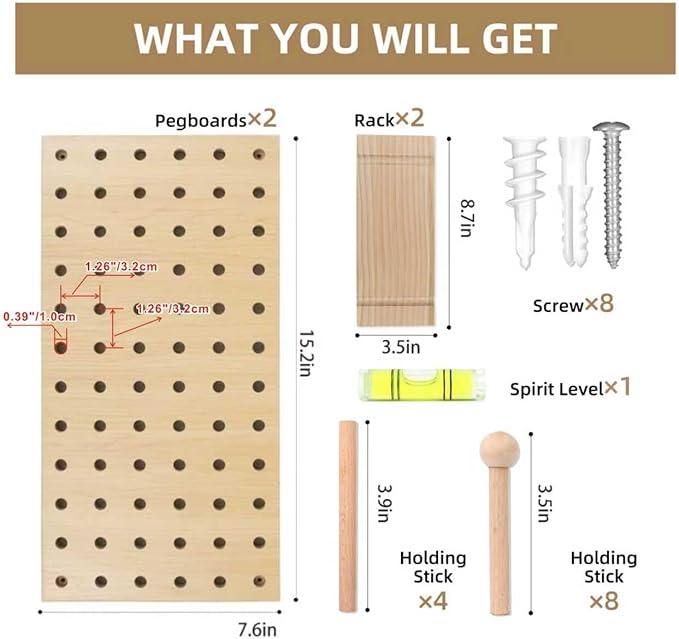 2 Pack Beige Wooden Pegboard, Modular Wall Organizer Storage Shelf with Hooks, Multi‑Use Display Peg Board for Home Office Bathroom Laundry Room