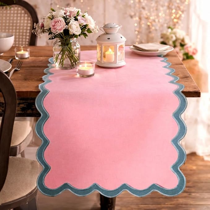 Folkulture Table Runner 108 inches Long | Scalloped Pink Table Runner for Dining Room, Party Decorations | 100% Cotton, Machine Washable, Farmhouse Table Runner for Hannah Montana Party Decorations