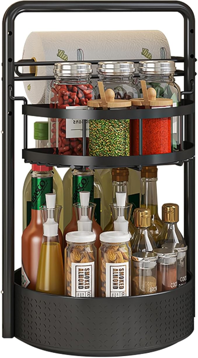 2 Tier Rotating Spice Rack Organizer with Paper Towel Holder, Lazy Susan Turntable Kitchen Organizer for Countertop & Cabinet, Metal Spice Rack for Bottles, Jars, Condiments, Black