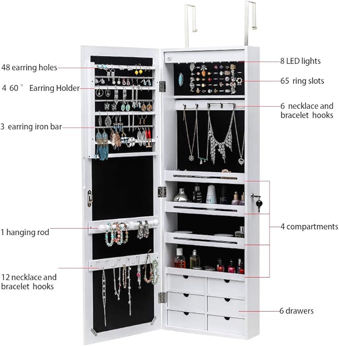 Non Full Length Mirror Jewelry Cabinet - Wooden Wall Hanging Jewelry Organizer - Wall Mounted Jewelry Mirror Cabinet - Jewelry Armoire With Mirror - 4-Layer Shelf, 6 Drawers, 8 Blue LED Lights - White