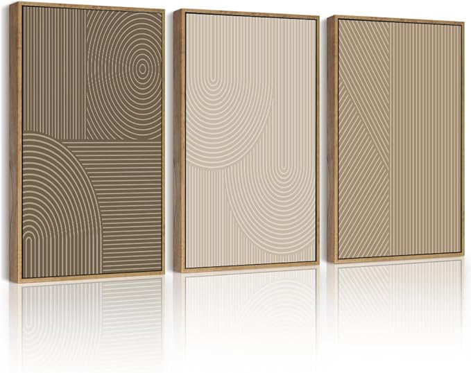 PHOPAGO Boho Mid-Century Modern Framed Wall Art Minimalist Abstract Neutral Line Wall Decor Bohemain Geometric Artwork Kitchen Hallway - 11x14in Natural Framed