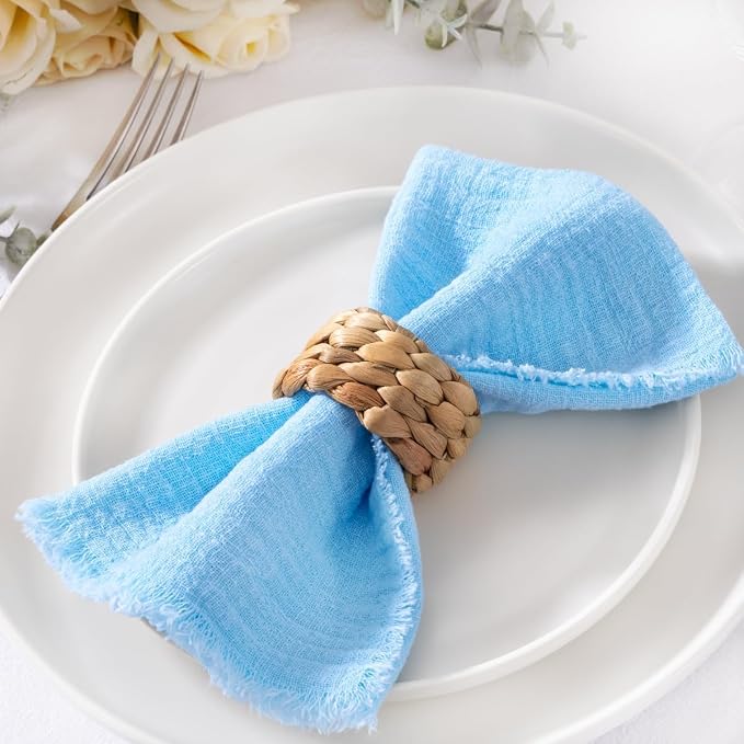 MLMC 6 Pack Baby Blue Cloth Napkins with Fringe Boho Linen Napkins Washable Reusable Rustic Dinner Table Decor 17"×17" for Wedding Party Bridal Baby Shower Gender Reveal Decor